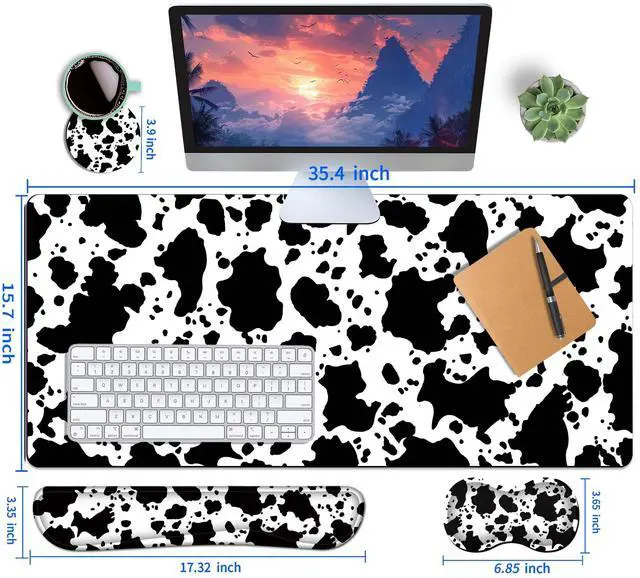 Alt view image 5 of 5 - HaoSiTeck 4-Piece Extended Large Mouse Pad Set for Women Men with Cow Print Design Includes 35.4 x 15.7 XXL Large Mouse Pad Keyboard Wrist Rest Mouse Wrist Support and Coaster for Office Home