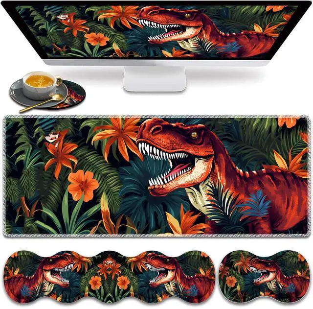 Main image of Large Gaming Mouse Pad, Keyboard Wrist Rest Pad + Mouse Wrist Pad + Coaster Set, Extended Waterproof Non-Slip Desk Mat, Suitable for Office Home Learning Games, Jungle Dinosaur Tyrannosaurus