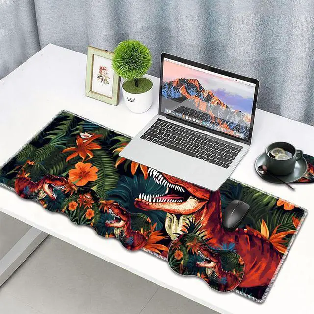Alt view image 2 of 5 - Large Gaming Mouse Pad, Keyboard Wrist Rest Pad + Mouse Wrist Pad + Coaster Set, Extended Waterproof Non-Slip Desk Mat, Suitable for Office Home Learning Games, Jungle Dinosaur Tyrannosaurus