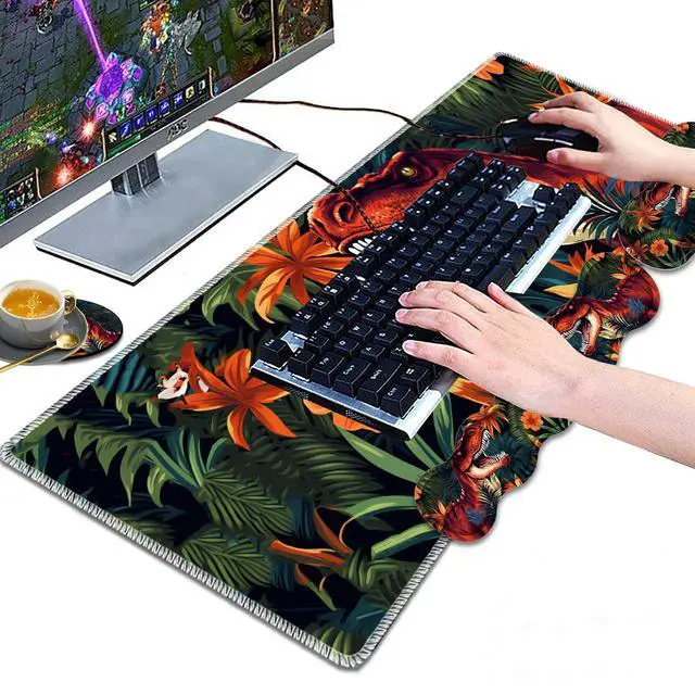 Alt view image 4 of 5 - Large Gaming Mouse Pad, Keyboard Wrist Rest Pad + Mouse Wrist Pad + Coaster Set, Extended Waterproof Non-Slip Desk Mat, Suitable for Office Home Learning Games, Jungle Dinosaur Tyrannosaurus