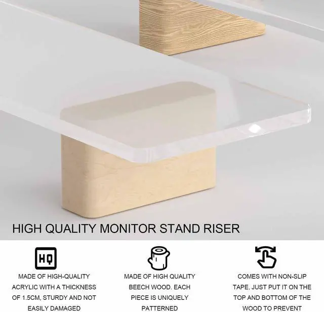Alt view image 3 of 5 - Hunfuthr Acrylic Monitor Stand Riser, Premium Large Clear Monitor Riser 19.6 inch, Sturdy Wood Computer Stand Office Desk Accessories, Desk Organizer Riser for Laptop Printer Computer TV