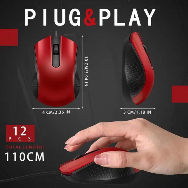 Alt view image 2 of 5 - Hoteam 12 Pcs Wired Computer Mouse Bulk Cord USB Computer Mice Ergonomic Wired Mouse for Pcs, Computers, Laptops, Gaming Office Home Supplies (Red)