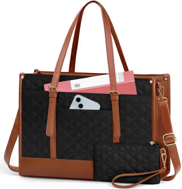Main image of IGOLUMON Laptop Bag for Women 15.6 Inch Vegan Leather Work Tote Bag Quilted Womens Briefcase Designer Laptop Bags for Office Teacher College Cute Computer Bag with Purse Professional Black with Brown