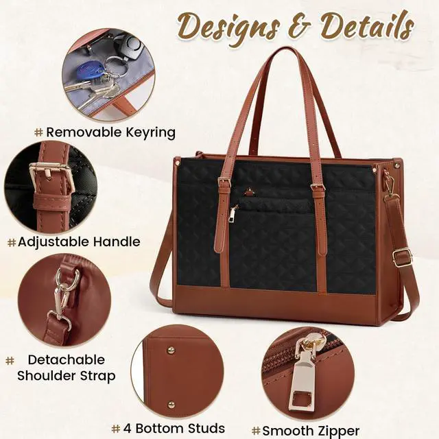 Alt view image 3 of 5 - IGOLUMON Laptop Bag for Women 15.6 Inch Vegan Leather Work Tote Bag Quilted Womens Briefcase Designer Laptop Bags for Office Teacher College Cute Computer Bag with Purse Professional Black with Brown
