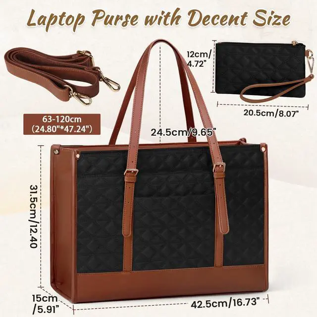 Alt view image 5 of 5 - IGOLUMON Laptop Bag for Women 15.6 Inch Vegan Leather Work Tote Bag Quilted Womens Briefcase Designer Laptop Bags for Office Teacher College Cute Computer Bag with Purse Professional Black with Brown