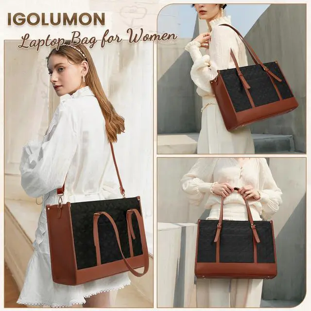 Alt view image 4 of 5 - IGOLUMON Laptop Bag for Women 15.6 Inch Vegan Leather Work Tote Bag Quilted Womens Briefcase Designer Laptop Bags for Office Teacher College Cute Computer Bag with Purse Professional Black with Brown