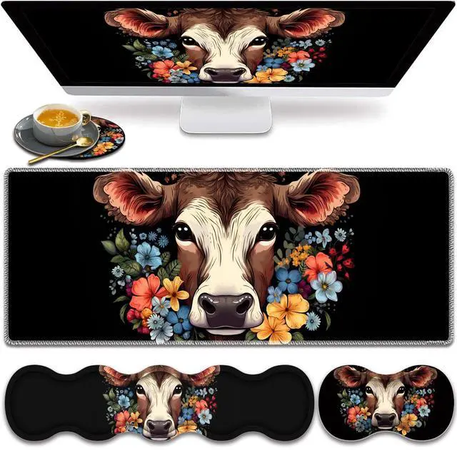 Main image of Large Gaming Mouse Pad, Keyboard Wrist Rest Pad + Mouse Wrist Pad + Coaster 4 in 1 Set, Extended Waterproof Non-Slip Desk Mat, Suitable for Office Home Learning Games, Cow in Flower