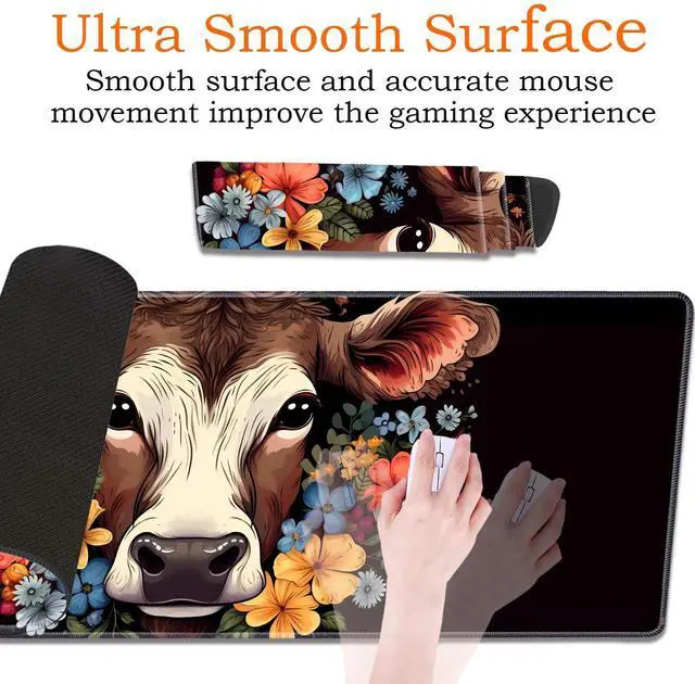 Alt view image 3 of 5 - Large Gaming Mouse Pad, Keyboard Wrist Rest Pad + Mouse Wrist Pad + Coaster 4 in 1 Set, Extended Waterproof Non-Slip Desk Mat, Suitable for Office Home Learning Games, Cow in Flower