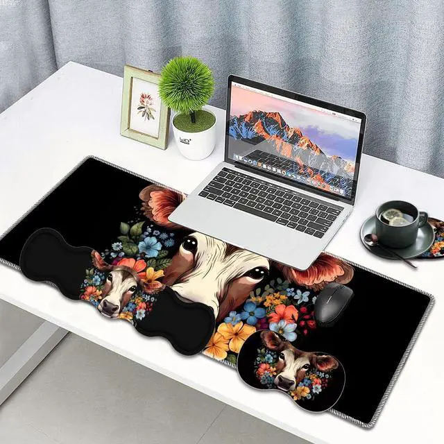 Alt view image 2 of 5 - Large Gaming Mouse Pad, Keyboard Wrist Rest Pad + Mouse Wrist Pad + Coaster 4 in 1 Set, Extended Waterproof Non-Slip Desk Mat, Suitable for Office Home Learning Games, Cow in Flower