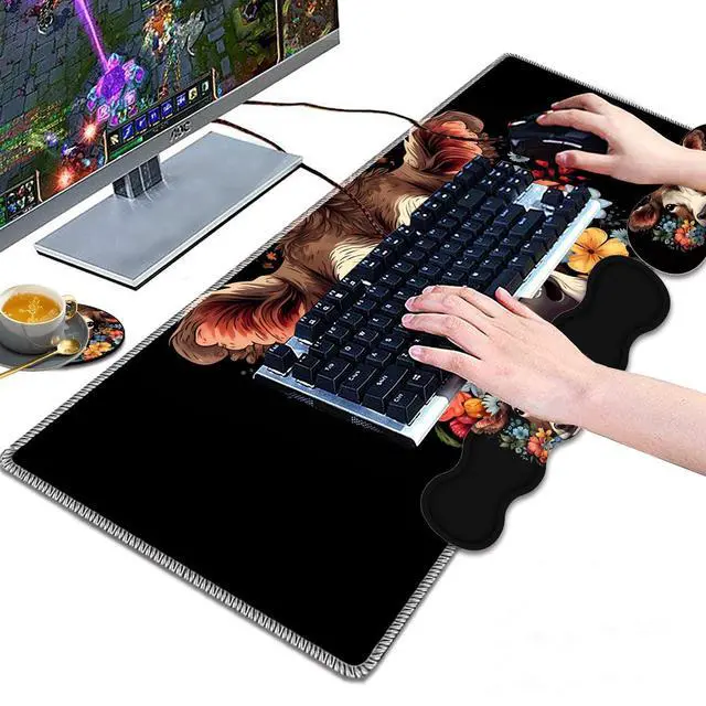 Alt view image 4 of 5 - Large Gaming Mouse Pad, Keyboard Wrist Rest Pad + Mouse Wrist Pad + Coaster 4 in 1 Set, Extended Waterproof Non-Slip Desk Mat, Suitable for Office Home Learning Games, Cow in Flower