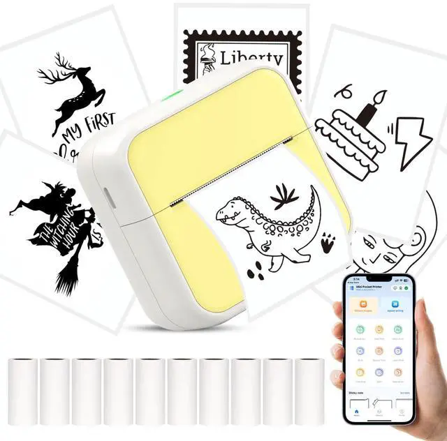 Main image of HUIJUTCHEN Mini Pocket Printer for iPhone/Android, Portable Mini Sticker Printer with 10 Rolls Non-Sticky Thermal Papers, Blue-Tooth Thermal Label Maker for Journal Memo Notes Photo Study, Yelllow