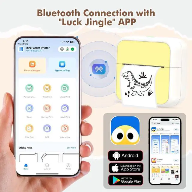 Alt view image 2 of 5 - HUIJUTCHEN Mini Pocket Printer for iPhone/Android, Portable Mini Sticker Printer with 10 Rolls Non-Sticky Thermal Papers, Blue-Tooth Thermal Label Maker for Journal Memo Notes Photo Study, Yelllow