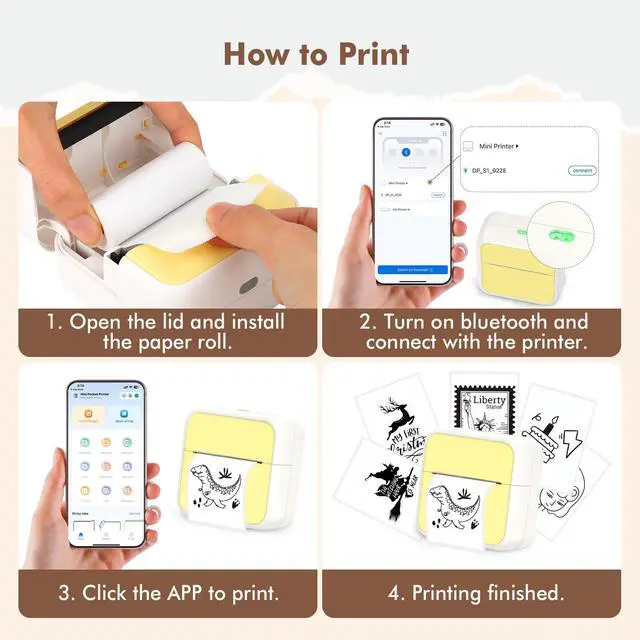 Alt view image 3 of 5 - HUIJUTCHEN Mini Pocket Printer for iPhone/Android, Portable Mini Sticker Printer with 10 Rolls Non-Sticky Thermal Papers, Blue-Tooth Thermal Label Maker for Journal Memo Notes Photo Study, Yelllow