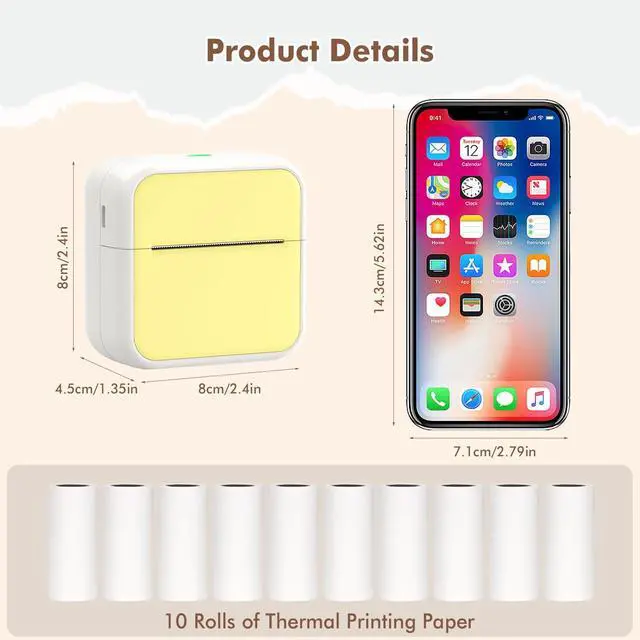 Alt view image 5 of 5 - HUIJUTCHEN Mini Pocket Printer for iPhone/Android, Portable Mini Sticker Printer with 10 Rolls Non-Sticky Thermal Papers, Blue-Tooth Thermal Label Maker for Journal Memo Notes Photo Study, Yelllow