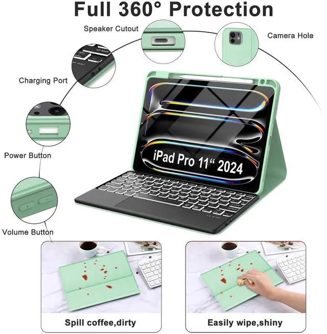 Alt view image 4 of 5 - for iPad Pro 11-inch Case with Keyboard (M4) - Magnetic Wireless Bluetooth Keyboard with Multi-Touch Trackpad 7 Colors Backlit Stain Proof Folio Keyboard Cover for iPad Pro 11 Inch 2024,Pine Green