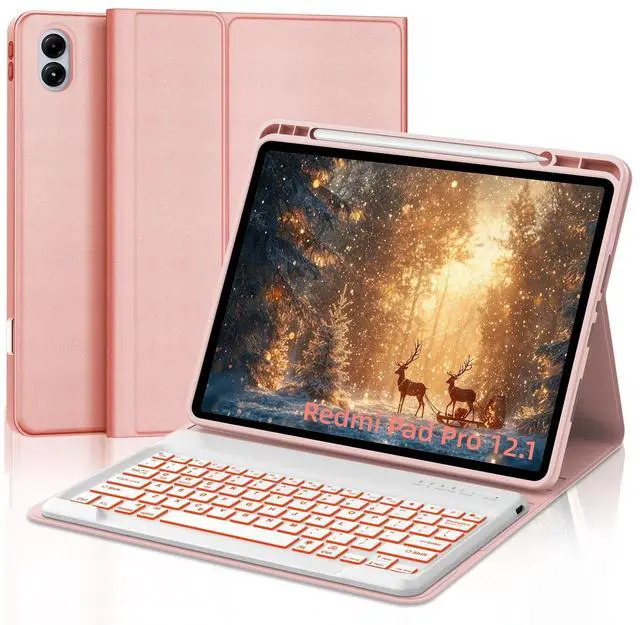 Main image of IVEOPPE Keyboard Case for Xiaomi Redmi Pad Pro 12.1 Inch 2024/Xiaomi Poco Pad 12.1", 7 Colors Backlit, Detachable Bluetooth Wireless Keyboard Slim PU Stand Cover with Pencil Holder,Rose Gold