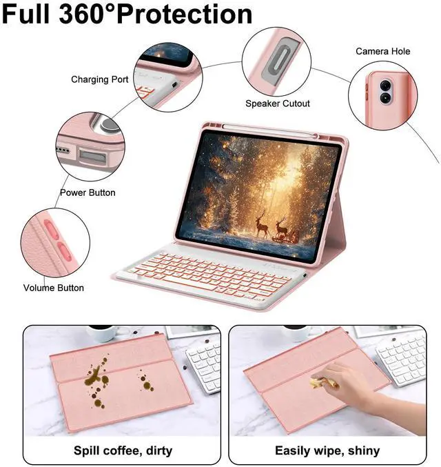 Alt view image 4 of 5 - IVEOPPE Keyboard Case for Xiaomi Redmi Pad Pro 12.1 Inch 2024/Xiaomi Poco Pad 12.1", 7 Colors Backlit, Detachable Bluetooth Wireless Keyboard Slim PU Stand Cover with Pencil Holder,Rose Gold