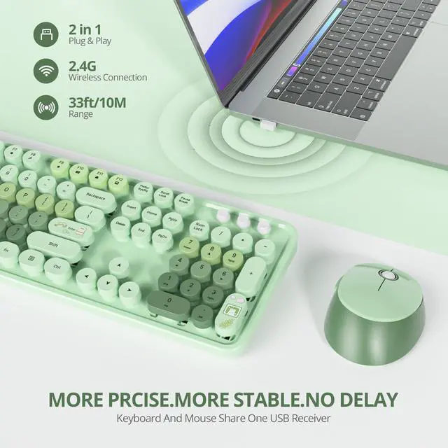 Alt view image 2 of 5 - iRoboosta Green Colorful Wireless Keyboard and Mouse Combo Set, 2.4GHz Cute Typewriter Keyboard with Round Keycaps, Full Size with Number Pad, Home and Office Aesthetic Keyboards (Light Green)
