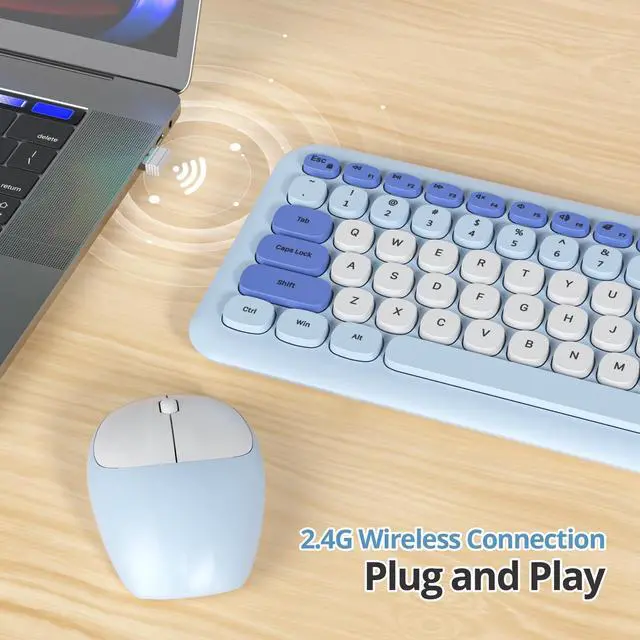 Alt view image 3 of 5 - iRoboosta Blue Colorful Wireless Keyboard and Mouse Combo Set, 2.4GHz Retro Typewriter Aesthetic Full Size Cute Keyboard with Number Pad, Home and Office Silent Keyboards (Gradient Blue)