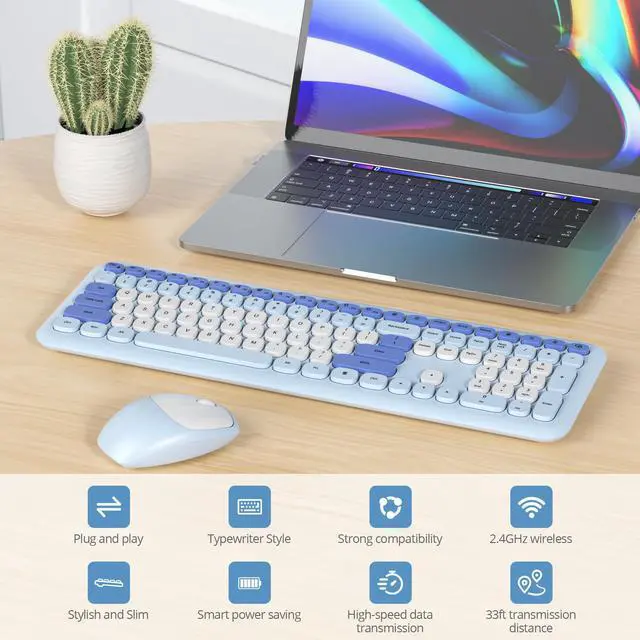 Alt view image 2 of 5 - iRoboosta Blue Colorful Wireless Keyboard and Mouse Combo Set, 2.4GHz Retro Typewriter Aesthetic Full Size Cute Keyboard with Number Pad, Home and Office Silent Keyboards (Gradient Blue)