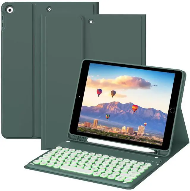 Main image of JKSML Keyboard Case for iPad 9th/8th/7th Generation(2021/2020/2019) 10.2 Inch, Case with 7 Colors Backlit Detachable Keyboard Soft TPU Back Folio Stand, Built-in Left Side Pencil Holder, Dark Green