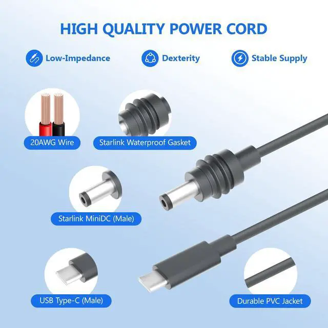 Alt view image 5 of 5 - JOSTART - USB C to DC Power Cable for Starlink Mini,(16FT / 5M) 100W Type-C Charging Cord for Starlink Mini Replacement Cable, Work with 65W+ PD Source,Outdoor Waterproof