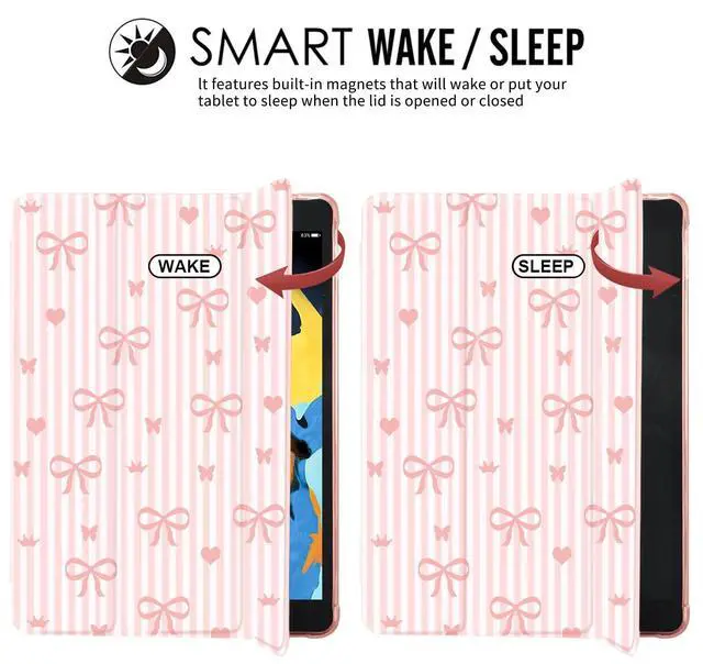 Alt view image 4 of 5 - JOYLAND Pink Pad Case for iPad mini 7 (A17 Pro) 2024/Mini 6 2021-8.3 Inch,with Pencil Holder-Auto Wake/Sleep,Bow&Love Pattern Anti-Scratch Shockproof Premium Folio Stand Case