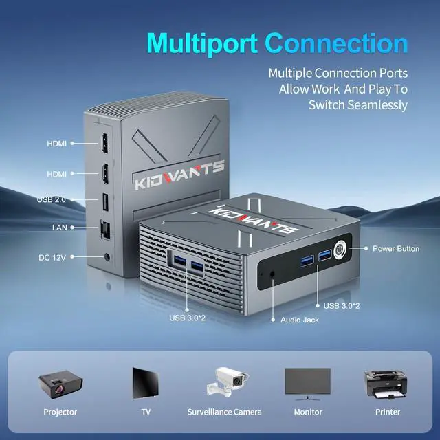 Alt view image 2 of 5 - kidwants KG1 Mini PC N4000(up to 2.6GHz), 8GB LPDDR4 RAM/128GB eMMC, Mini Desktop Computer Support 4K Dual Display, WiFi 5, BT 5.0, and USB 3.0 (Grey)