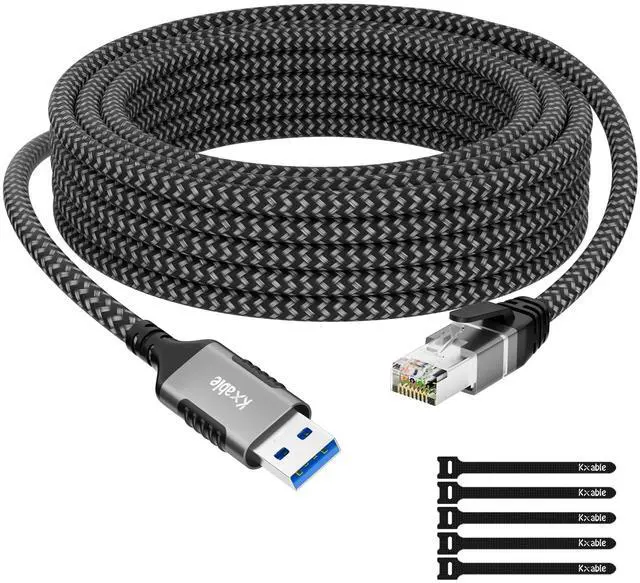 Main image of Aluminum 20 FT USB 3.0 A Male to RJ45 Male Gigabit LAN Network Cable - Portable, Braided with 5 Pcs Ties for Laptop, PC, Switch