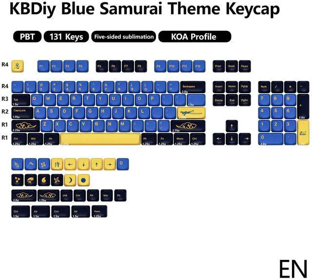 Alt view image 3 of 5 - YMKPVR KBDiy Blue Samurai Keycaps 75 Percent KOA Profile,Five Sides Dye-Sublimation PBT Retro Custom Keyboard Keycap,131 Keys Cap Set for Cherry Gateron MX Switches Mechanical Keyboards