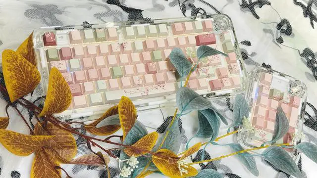 Main image of kakiwutj Peach Blossom Keycaps Side Print Custom Cherry Profile PBT Shine Through Keycaps Pink Green 128 Keys for Mechanical Keyboards 60% 65% 75% Backlit Key Caps