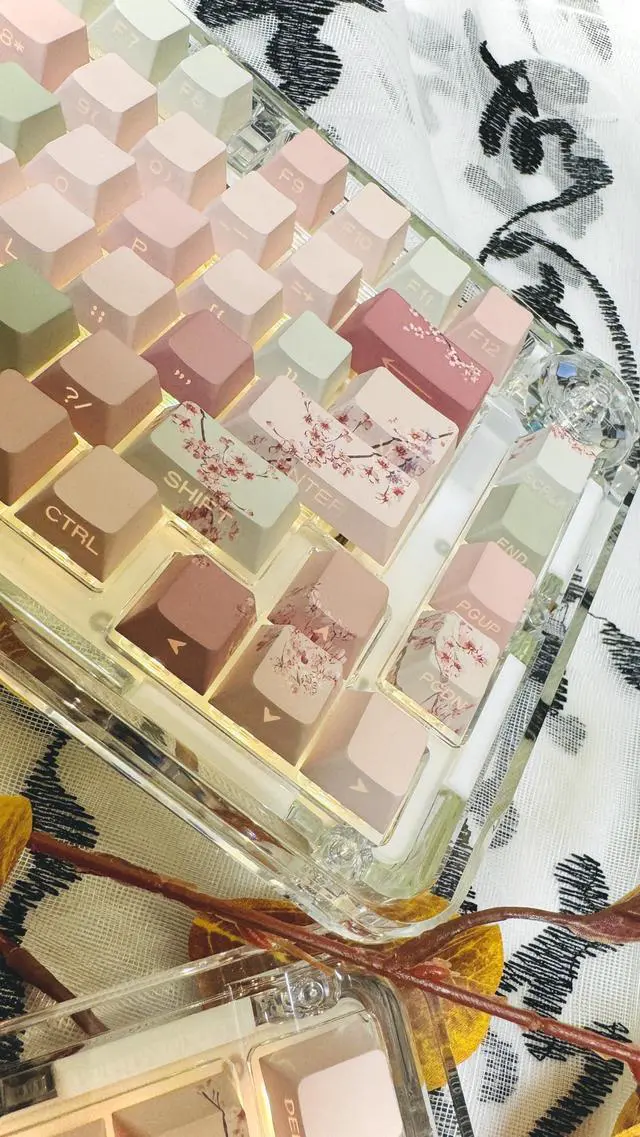 Alt view image 3 of 4 - kakiwutj Peach Blossom Keycaps Side Print Custom Cherry Profile PBT Shine Through Keycaps Pink Green 128 Keys for Mechanical Keyboards 60% 65% 75% Backlit Key Caps
