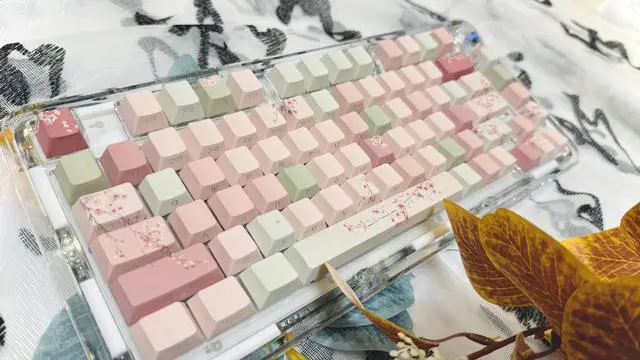 Alt view image 2 of 4 - kakiwutj Peach Blossom Keycaps Side Print Custom Cherry Profile PBT Shine Through Keycaps Pink Green 128 Keys for Mechanical Keyboards 60% 65% 75% Backlit Key Caps