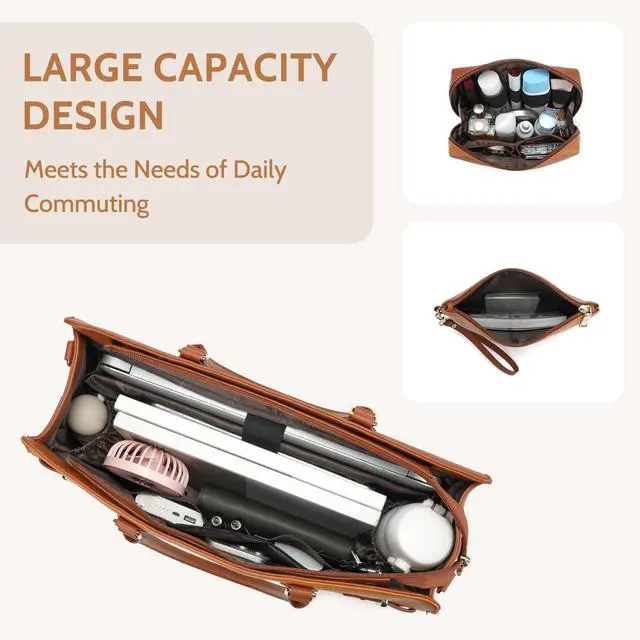 Alt view image 5 of 5 - Keyli 3pc Sets Laptop Tote Bag for Women 15.6 Inch Work Bag Business Computer Briefcase Waterproof Leather Laptop Purses Casual Shoulder Handbag Messenger Bags for Travel Teacher Office Brown