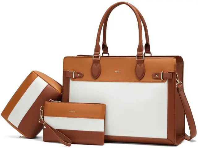Main image of Keyli 3pc Sets Laptop Tote Bag for Women 15.6 Inch Work Bag Business Computer Briefcase Waterproof Leather Laptop Purses Casual Shoulder Handbag Messenger Bags for Travel Teacher Office Brown
