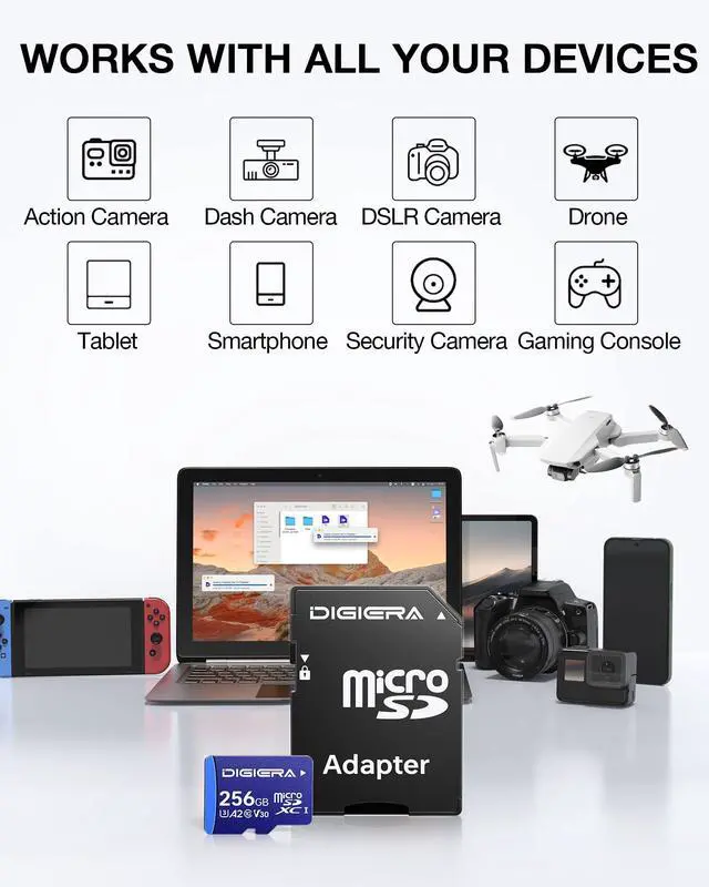 Alt view image 3 of 5 - DIGIERA 256GB LT100 microSDXC UHS-I Memory Card with Adapter - up to 170MB/s, C10, U3, V30, 4K, A2, Micro SD Card for Smartphones, Tablets, Cameras, Gaming Consoles, and Drones (1 Pack)