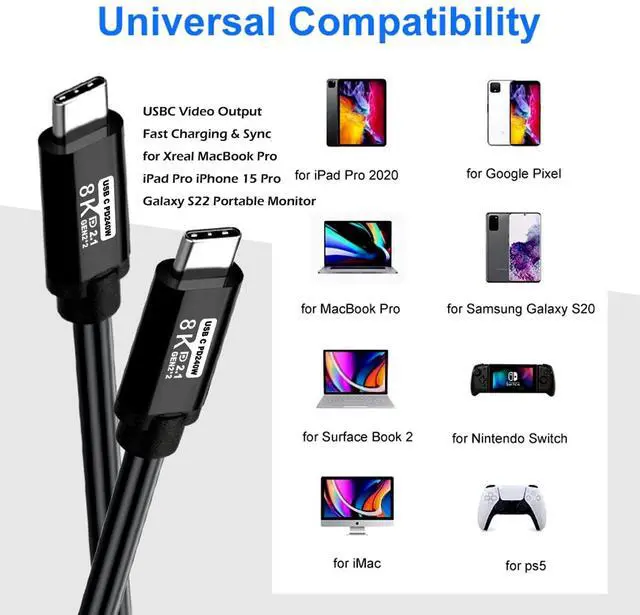 Alt view image 4 of 5 - Type C to USB C Cable 15FT,240W 8K60HZ USB C GEN2x2(Data usb3.2),USB C Video Output From USB3.2/ USB4.0 Fast Charging & Sync for Xreal MacBook Pro iPad Pro iPhone 15 Pro Galaxy S22 Portable Monitor
