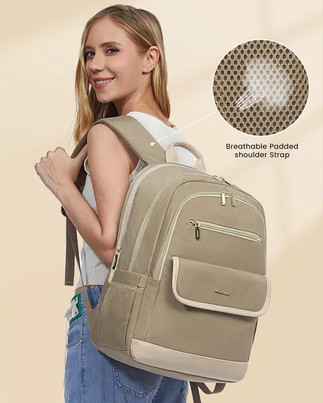 Alt view image 2 of 5 - LOVEVOOK Laptop Backpack for Women,15.6 Inch Fashion Travel Backpack,Large Capacity Backpack Purse with USB,Water-resistant fits College Work Business Travel (Beige & Brown)