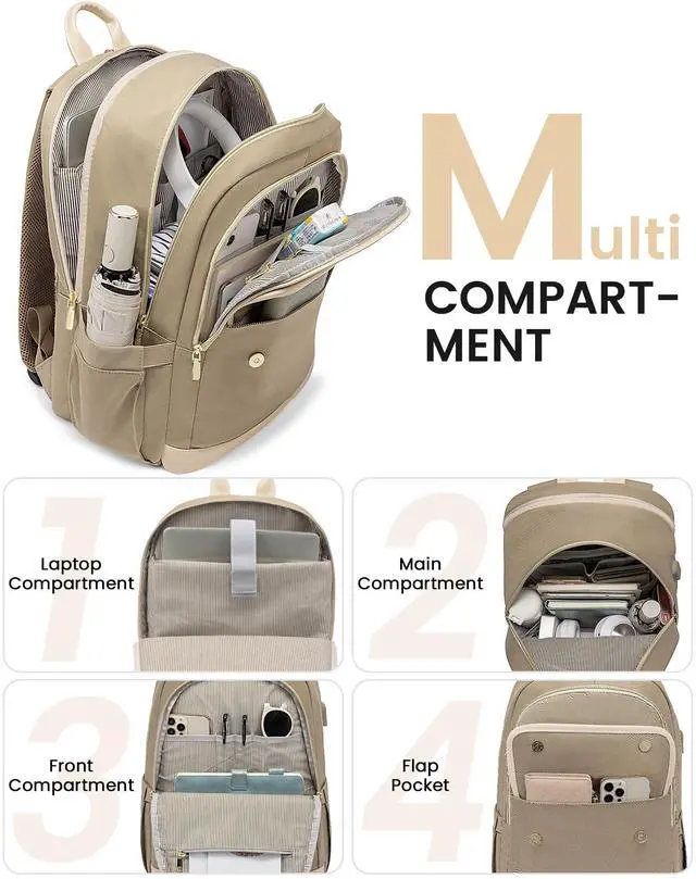 Alt view image 4 of 5 - LOVEVOOK Laptop Backpack for Women,15.6 Inch Fashion Travel Backpack,Large Capacity Backpack Purse with USB,Water-resistant fits College Work Business Travel (Beige & Brown)