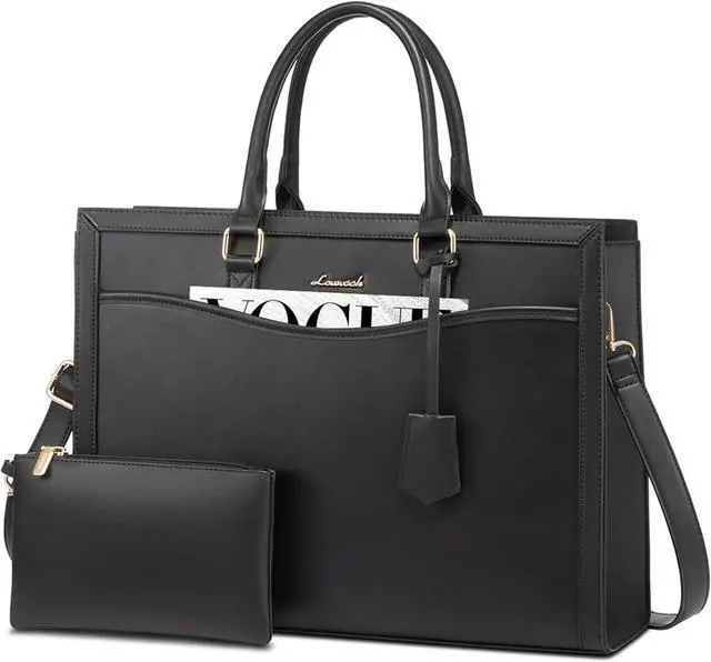 Main image of LOVEVOOK Laptop Tote Bag for Women, Leather Office Work Bag Briefcase fit for 15.6 inch Laptop, Large Teacher Computer Bag Handbag,2pcs Set Leather/Black