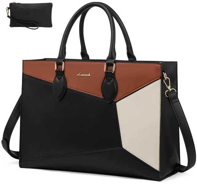 Main image of LOVEVOOK Laptop Bag for Women,15.6 lnch Waterproof Lightweight Leather Tote Bag,Professional Business Office Work Bags with Clutch Purse, Large Capacity Computer Shoulder Handbag,Black-White-Brown