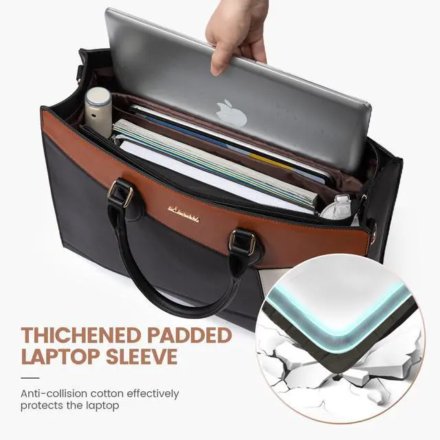 Alt view image 4 of 5 - LOVEVOOK Laptop Bag for Women,15.6 lnch Waterproof Lightweight Leather Tote Bag,Professional Business Office Work Bags with Clutch Purse, Large Capacity Computer Shoulder Handbag,Black-White-Brown