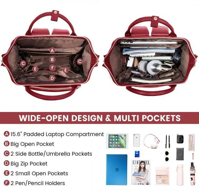 Alt view image 2 of 5 - LOVEVOOK Leather Laptop Backpack for Women 15.6 inch,Travel Backpack Purse Nurse Teacher Backpack Computer Laptop Bag,Professional College Business Work Bags Carry On Backpack with USB Port,Chili Red