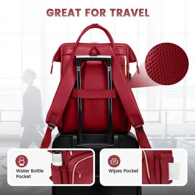 Alt view image 5 of 5 - LOVEVOOK Leather Laptop Backpack for Women 15.6 inch,Travel Backpack Purse Nurse Teacher Backpack Computer Laptop Bag,Professional College Business Work Bags Carry On Backpack with USB Port,Chili Red
