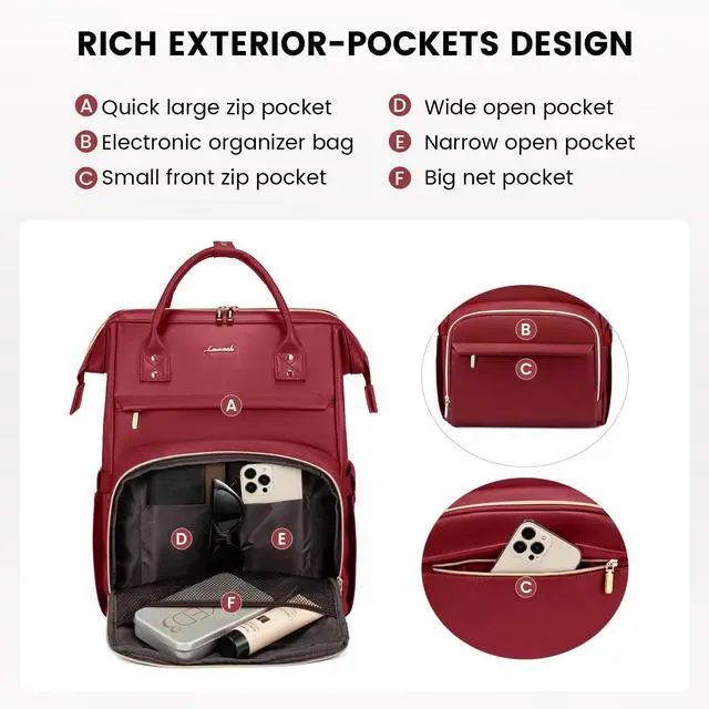 Alt view image 3 of 5 - LOVEVOOK Leather Laptop Backpack for Women 15.6 inch,Travel Backpack Purse Nurse Teacher Backpack Computer Laptop Bag,Professional College Business Work Bags Carry On Backpack with USB Port,Chili Red