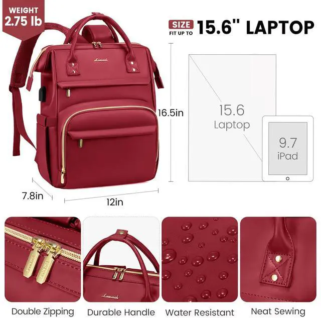 Alt view image 4 of 5 - LOVEVOOK Leather Laptop Backpack for Women 15.6 inch,Travel Backpack Purse Nurse Teacher Backpack Computer Laptop Bag,Professional College Business Work Bags Carry On Backpack with USB Port,Chili Red