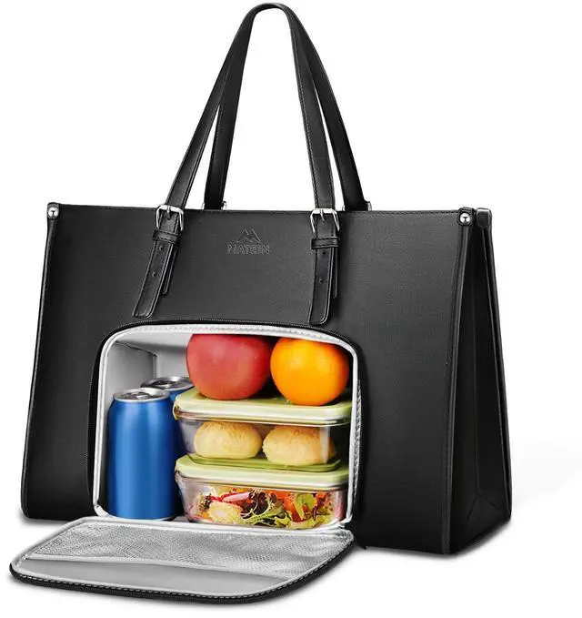 Main image of MATEIN Laptop Tote Bag with Insulated Lunch Compartment, 15.6 Inch PU Leather Briefcase with Leakproof Lunch Box Pocket for Women, Convertible Lightweight Computer Work Bag Handbag for Office, Black