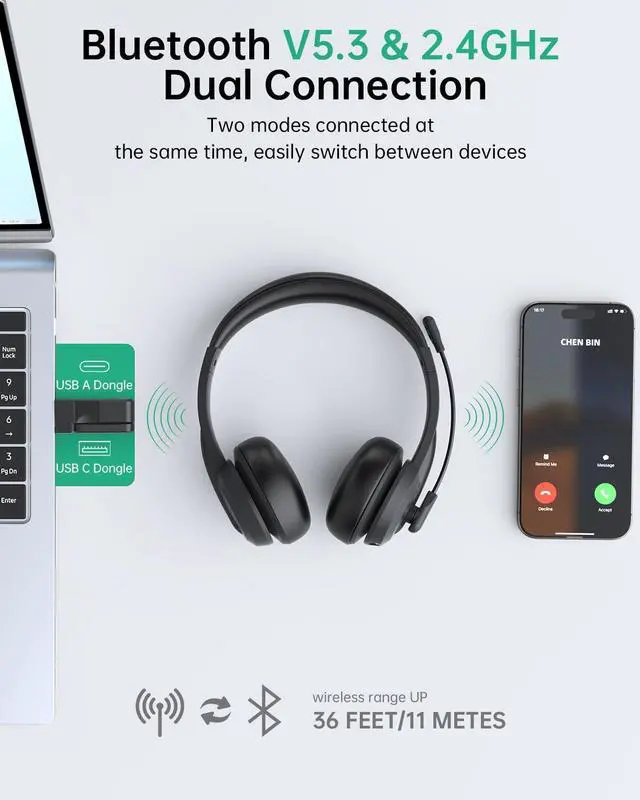 Alt view image 2 of 5 - Wireless Headset with Mic for Work with AI Noise Cancelling Mic for Clear Calls, Bluetooth V5.3 Headphones with Microphone to USB A/C Dongle & Mic Mute for Computer Laptop PC iPhone (Black)