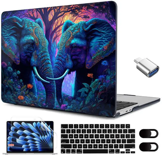 Main image of MEEgoodo Portable Electronic Device Cover for MacBook Air M3 M2 15.3 inch 2023-2024, Hard Case with Keyboard & Webcam Cover, Screen Protector, OTG Adapter, Elephants