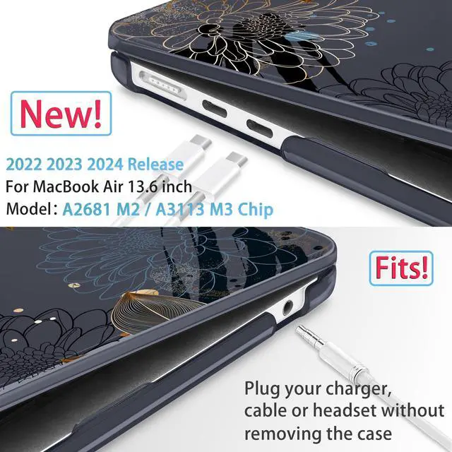 Alt view image 2 of 5 - Mektron for 2025 M4 MacBook Air 13.6 Inch A3240 Case Fits 2023 A2681 M2 2024 A3113 M3 Chip with Liquid Retina Display, Printed Plastic Hard Shell Cover for MacBook Air 13.6", Line Chrysanthemums